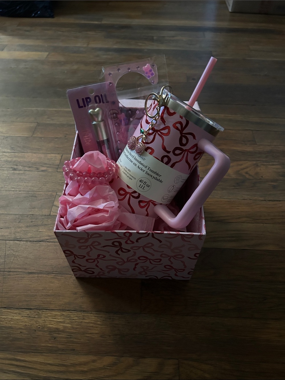Pink Insulated Straw Tumbler with Lip Oil and Accessories